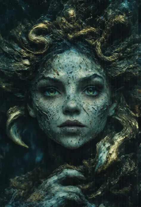 This image features a close-up of Medusa, a goddess with snake-like hair, blending dark fantasy and surreal beauty. Her face, both entrancing and fearsome, is framed by writhing serpents, each one a continuation of her body, their scales shimmering in shad...