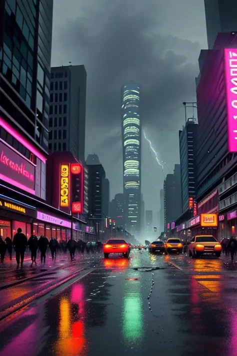 A bustling modern city at night, drenched in heavy rain. Neon lights from towering skyscrapers and billboards reflect off the wet streets, where people in raincoats and umbrellas hurry along the sidewalks. Cars splash through puddles as they drive by, and ...