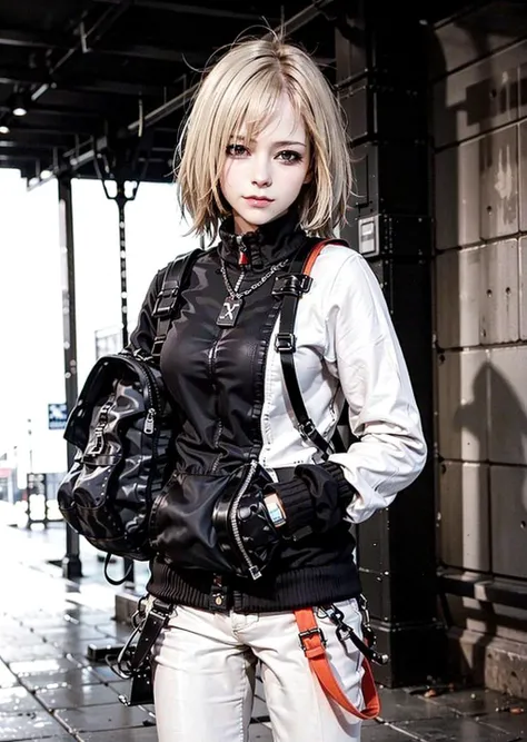 (RAW: 1.6), (far shot), (realistic: 1.6) (mixed american), 
masterpiece, best quality, beautiful clean face, fullbody, 1girl,solo,teenager, wearing white techwear jacket and orange trousers with buckle and tape, (crystal necklace), posing for a picture, (r...