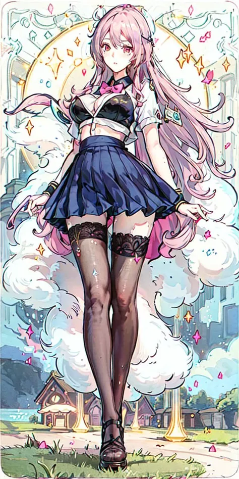 1 girl , full body, long legs, sexy pose, pantyhose, (school uniform), best quality, (arrogant:1.2), (Jpop:1.08), (cute eye makeups:1.1), long hair, round breasts,  (pink hair:1.2), best lighting, playground, sun, atmosphere background