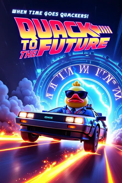 A vibrant retro-style movie poster featuring a sleek, chrome futuristic DeLorean-like car, adorned with neon blue stripes, speeding through swirling clouds of clockwork gears and flames, driven by a heroic, sunglasses-wearing rubber duck with a determined ...