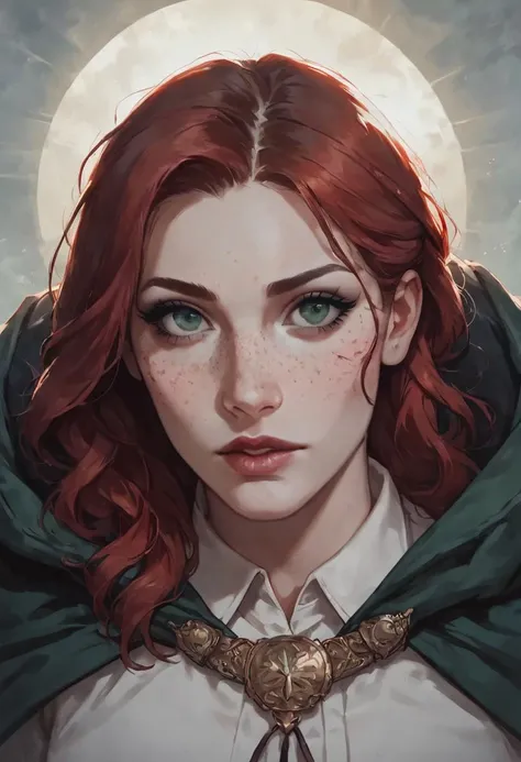 (score_9, score_8_up:1.1), score_7_up, 1 red haired human woman ( long straight red hair, green eyes, pale white skin, freckles on face and body, ((( human))), pale skin, neutral look, green cloak, kilt), hair on face, highland background, half body, volum...