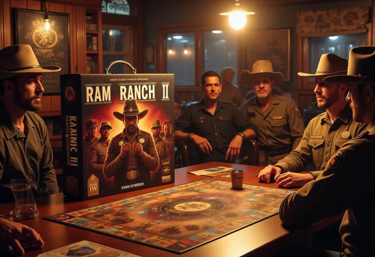 This image is a photograph of a box for the board game "RAM RANCH II" which is a US Marine and Cowbow-themed game designed by LV Games. The box is a ,Cowboy surrounded buy US Marines, "RAM RANCH II" is prominently displayed in bold, white letters at the to...