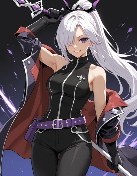 (masterpiece), best quality, expressive eyes, perfect face, aisha, 1girl, solo, long hair, looking at viewer, smile, shirt, gloves, holding, jewelry, purple eyes, jacket, ponytail, weapon, white hair, sleeveless, black gloves, elbow gloves, belt, pants, ar...