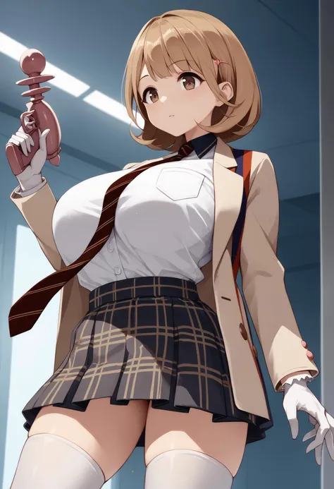 score_9, score_7_up,  1girl,  ryoukalt, brown eyes, brown hair, short hair, huge breasts, hairclip, striped necktie, jacket, white shirt, plaid skirt, white thighhighs, white gloves, shirt tucked in, tented shirt, holding gun, solo,    <lora:ryoukanarusawa...