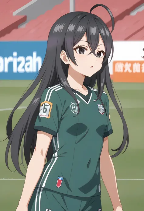 score 7 up, source anime, 1girl, , <lora:ASHHFiR_AyanoKimishimaXLpony001:1> AyanoKimishima, black hair, ahoge, long hair, black eyes, , <lora:soccer uniform_pony_V1.1:1> soccer uniform, soccer,,