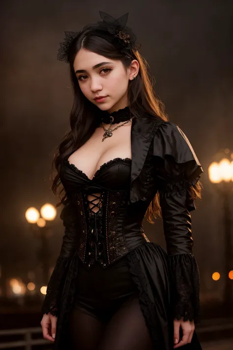 medium shot photo of a mix of (victorian:0.8) and (vampire costume:0.5) fenn_rowan, (nice cleavage:1.1), intricate steampunk+ city, evening, dark, atmospheric, mist, best quality masterpiece, photorealistic, detailed, 8k, HDR, shallow depth of field, broad...