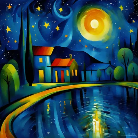 a painting of a night scene with a lake and a house