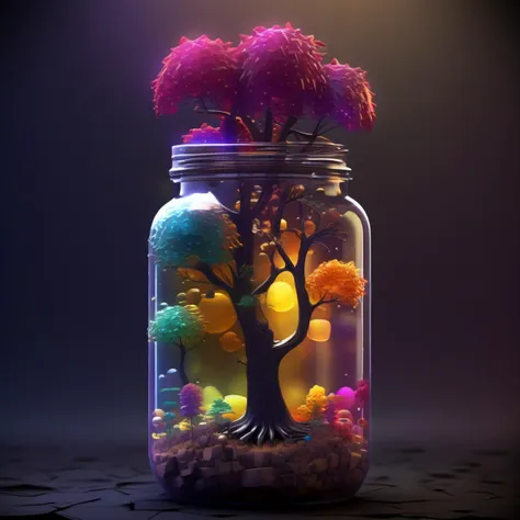 there is a jar with a tree inside of it with rocks and stones