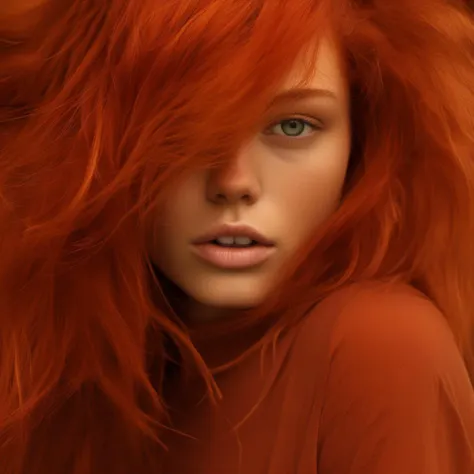 a close up of a woman with red hair and a brown shirt