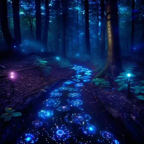 a magic fairytail moment of lights in the nighttime forestscape, walking a deep dark path alone, guided by the divine psychedelic light