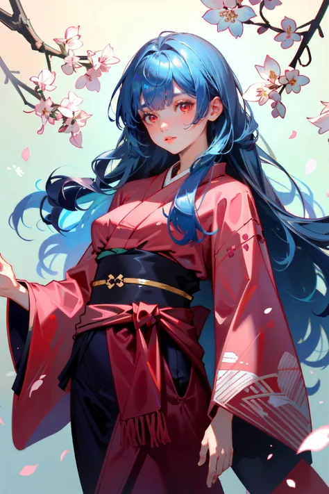 ((ultra detailed, masterpiece, absurdres))
 <lora:KOFKulaD:0.9>
KOFKulaD, 1girl, long hair, blue hair, red eyes, bangs, in a traditional kimono, surrounded by cherry blossoms