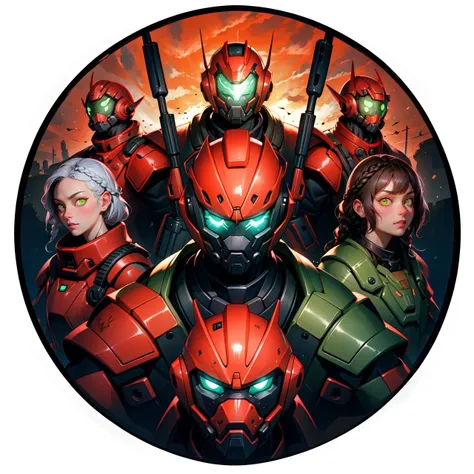 Kirigami representation of (masterpiece, best quality:1),(3girls and boys:1.1),(red power armor:1.1),(sci fi helmet on head with glowing green eyes,mask:0.8),looking at viewer,military squad,single braid,(fisheye),absurdres,HDR,colorful,detailed background...