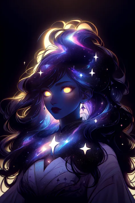 a woman with long hair and stars in her hair