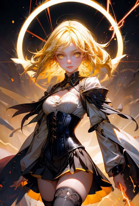 (masterpiece, best quality), 1girl, yellow hair, sparks hair, yellow eyes, electricity sparks, thunder blade, yellow magic circle, yellow corset, black thighhighs, sidelighting, light particles, abstract, <lora:add_detail:1>