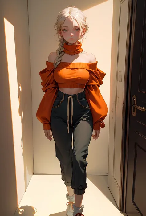 (masterpiece, best quality), 1girl, Orange Top Braided Knot, Size E breasts, Olive Cropped off-the-shoulder sweater with balloon sleeves. and High-waisted denim jogger pants with a drawstring waist, loose socks, Standing in a doorway, half in shadow, half ...