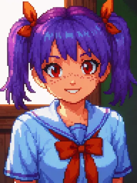 a close up of a person with purple hair and a blue shirt