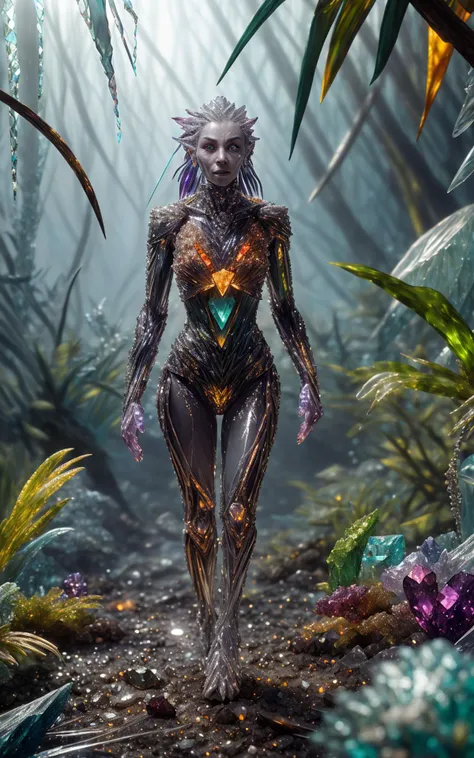 a woman in a futuristic suit walking through a forest