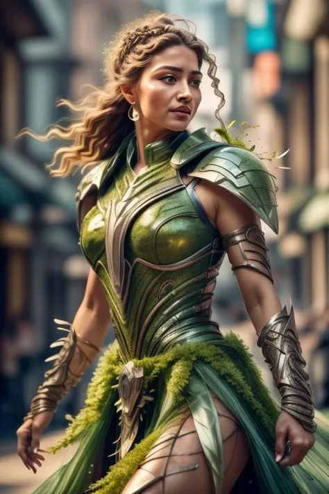 a woman in a green costume walking down a street