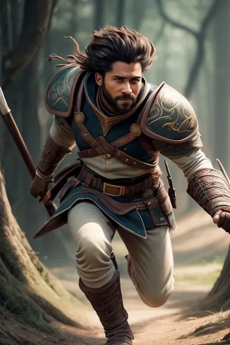 a man in armor running through a forest with a sword