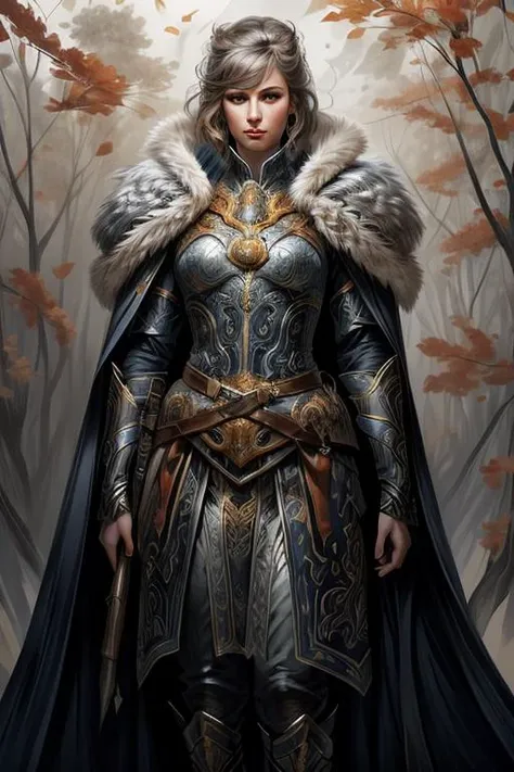 a woman in armor standing in a forest with trees