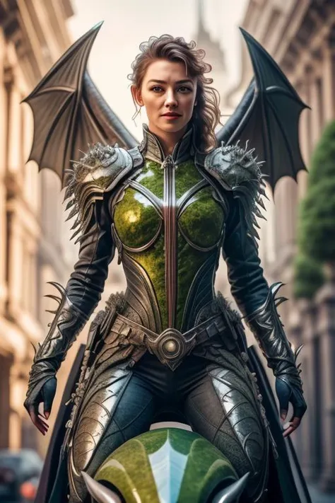 a woman in a green and black costume holding a shield