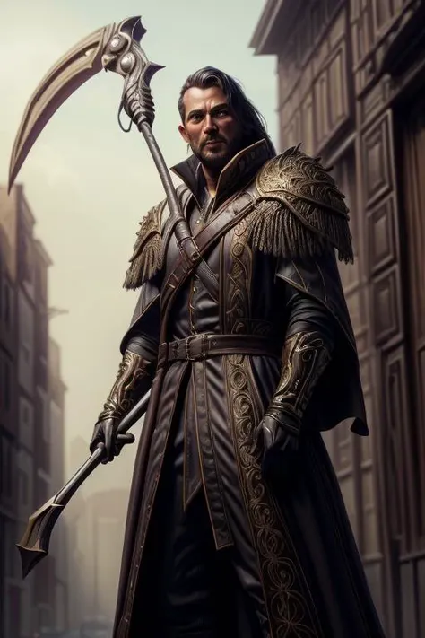 a man in a long coat holding a scythe in a city