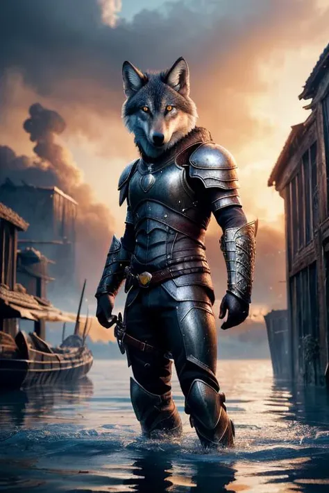 a man in armor walking through a flooded street with a wolf on his back