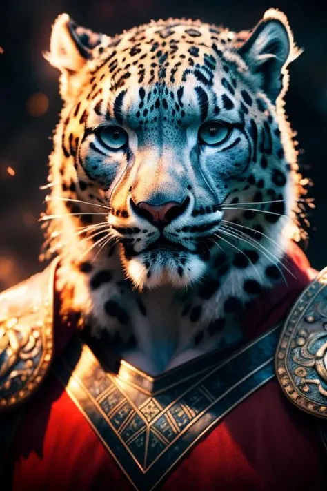 ((angry anthro snow leopard female wearing epic viking armor with runes and a helmet )), (red glowing eyes) ,RAW photo, (epic ice Jotunheim landscape),(fighting ice giant) masterpiece, Nordic, smoke, best quality, dynamic pos, ultra detailed, metal plates,...
