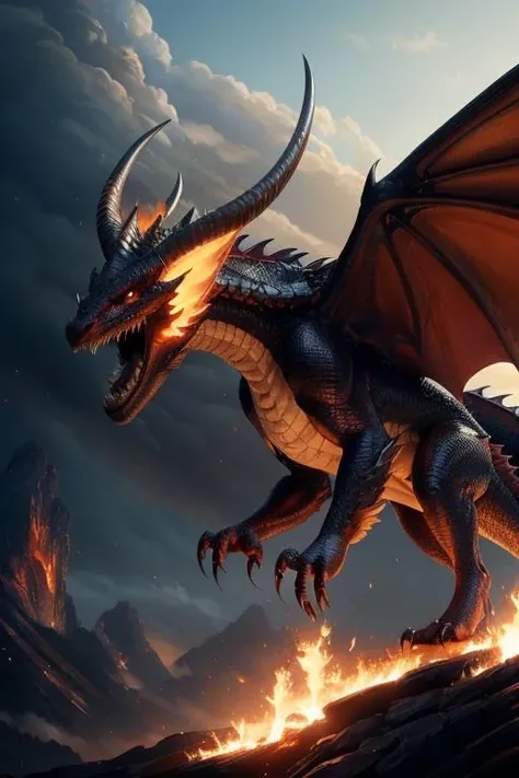 masterpiece, best quality, greg rutkowski, fire, no humans, open mouth, wings, dragon, sharp teeth, teeth, tail, solo, breathing fire, horns, monster, claws, smoke , very detailed, high resolution, sharp, sharp image, 4k, 8k,