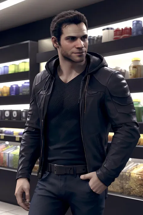 a man in a black jacket standing in front of a store