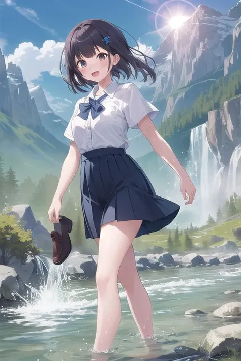 masterpiece,ultra detail,best quality,girl,sunshine,flare,mountain.,river,walking in river,splashing water,presenting loafers <lora:holding:0.8>bare foot