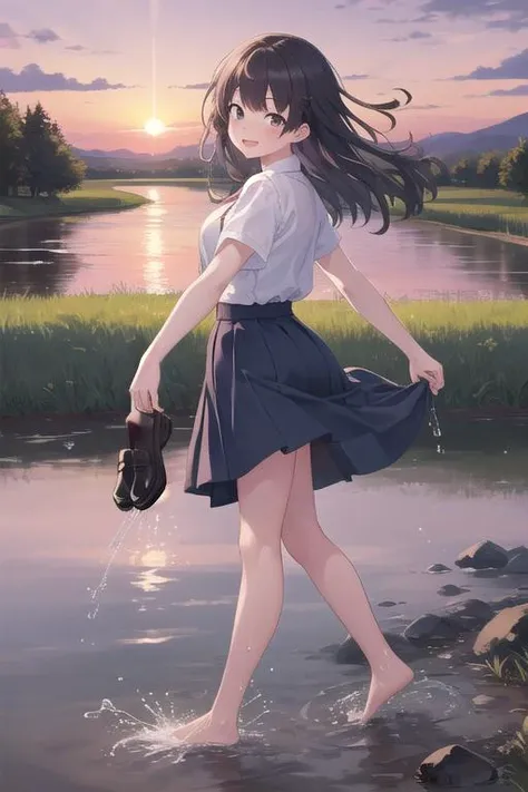 masterpiece,ultra detail,best quality,girl,sunset,train,river,walking in water,splashing water,holding two loafers <lora:holding:0.7>bare foot