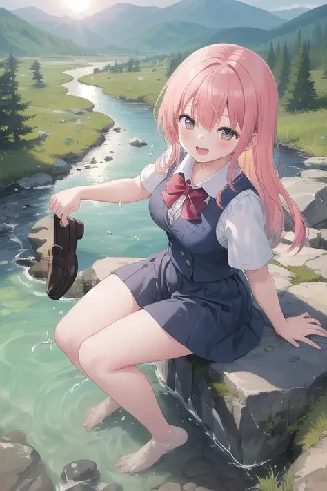 masterpiece,ultra detail,best quality,girl,sunshine,flare,mountain.,river,sitting on rock,splashing water,holding two loafers <lora:holding:0.8>bare foot,from above