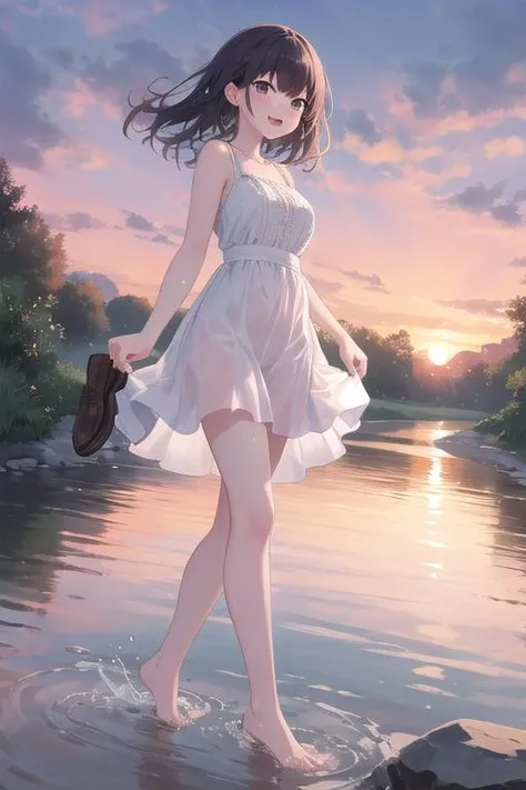 masterpiece,ultra detail,best quality,girl,sunset,river,walking in river,splashing water,holding two loafers <lora:holding:0.7>bare foot