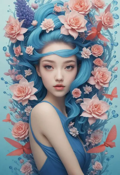 a woman with blue hair and flowers in her hair