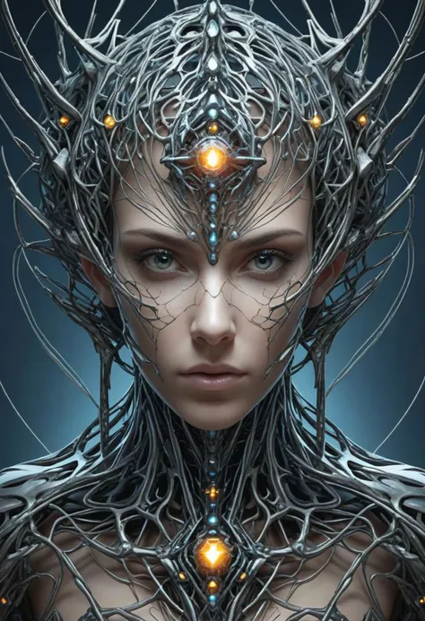 a woman with a head made of wires and glowing eyes