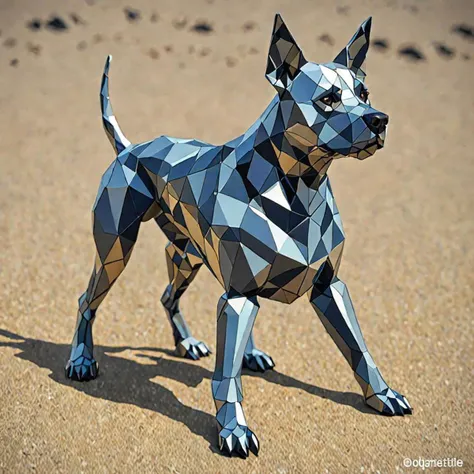 a close up of a dog made out of paper on a sandy surface