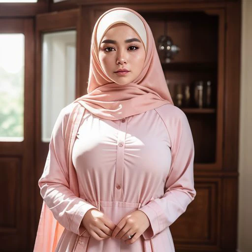 a woman in a pink dress standing in front of a bookcase