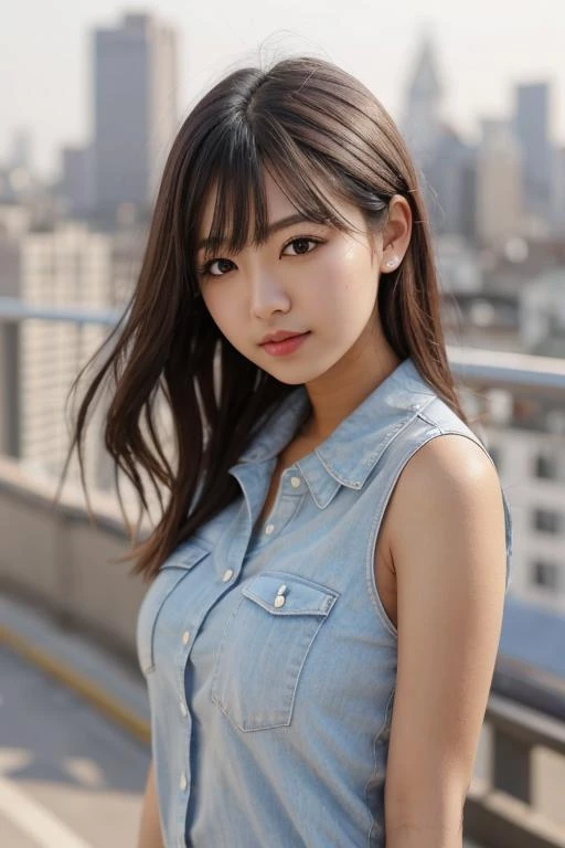 a woman in a denim shirt posing for a picture