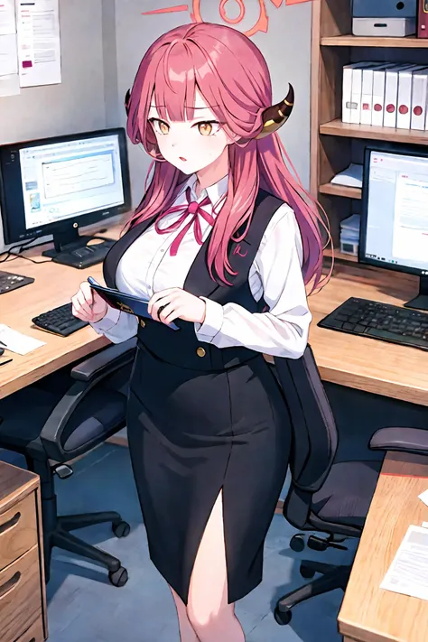 anime girl in a black skirt and white shirt standing in front of a desk