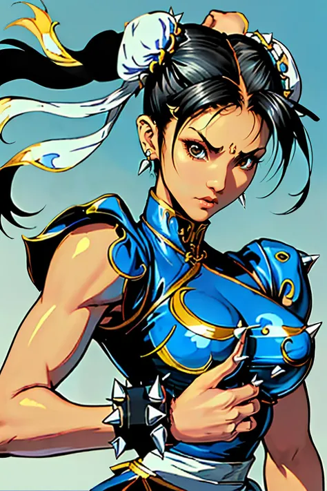 jewelry, 1girl, solo, breasts, street fighter, spiked bracelet, chun-li, bracelet, spikes, large breasts <lora:ChunLi_v1:0.8> ChunLi