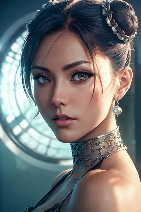 fashion model poster,  photorealistic, epic and intense art, dynamic dutch tilt angle,  close-up candid portrait of chunli, face focus, silver loop earrings, intricate filigree choker, elegant, (detailed face and eyes:1.2), hair buns, cinematic scene, lume...