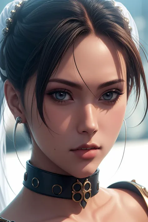 fashion model poster,  photorealistic, dynamic angle, close up face portrait of chunli, android choker, elegant, (detailed face and eyes:1.2), cinematic scene, lumen reflections, post processing, <lora:ChunLi_v1:0.8>