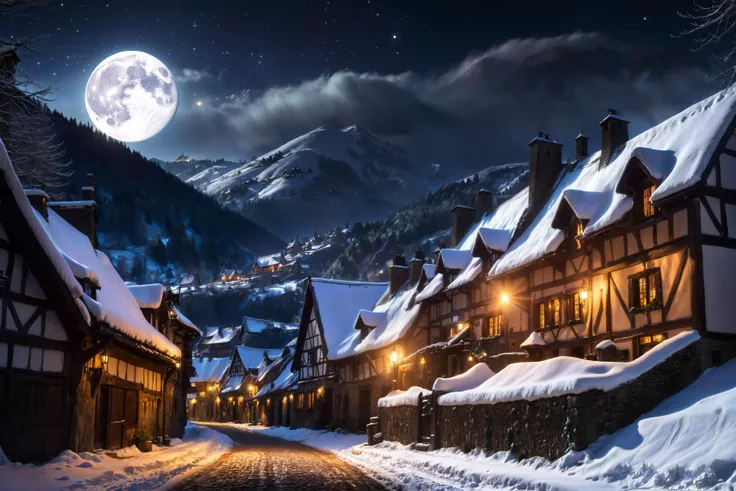 a close up of a street with a snowy road and a full moon