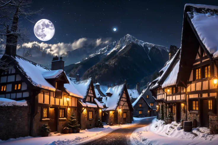 snowy village with a full moon and a snowy mountain in the background