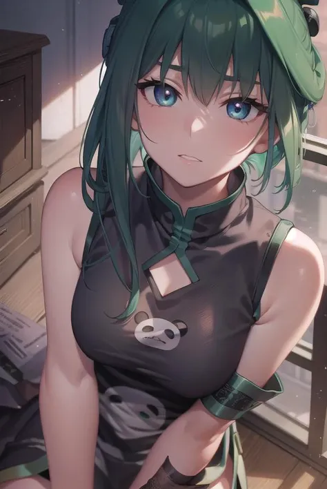 juntao, <lyco:juntao-lyco-nochekaiser:1>,
jun tao, (green eyes:1.5), green hair, hair between eyes,
BREAK animal print, bear print, black dress, china dress, chinese clothes, dress, air, hip vent, panda print, side slit, sleeveless, sleeveless dress, thigh...