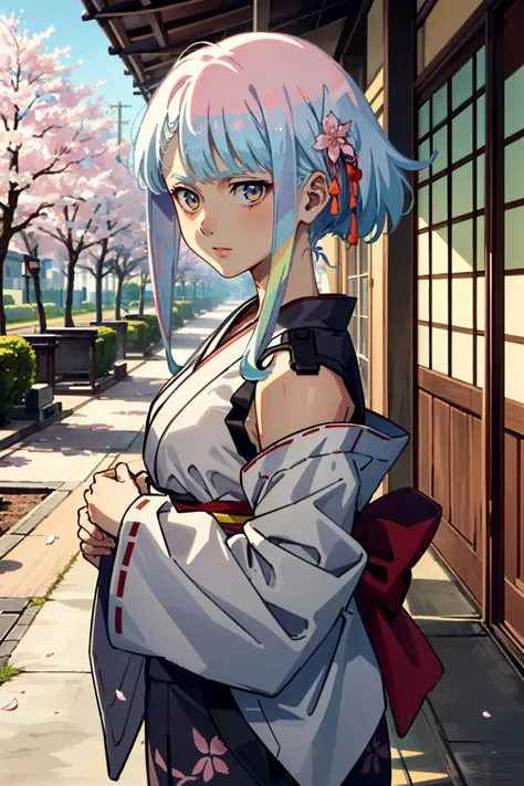 ((masterpiece, best quality))
 <lora:EdgerunnersLucy:0.9>
EdgerunnersLucy, 1girl, solo, multicolored hair, asymmetrical hair, yukata, japan, cherry blossoms, hair ornament