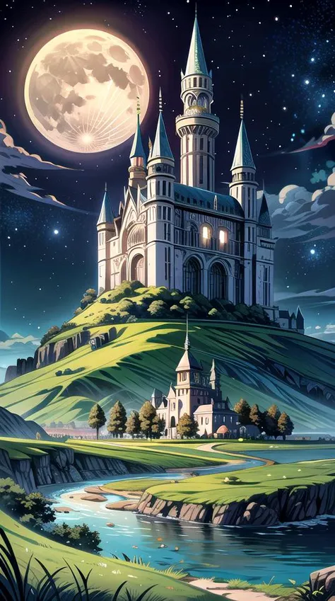 castle in grass field, mountain, spring, river, moon, galaxy, advntr, night time, <lora:add_detail:1>,, (masterpiece), (best quality),