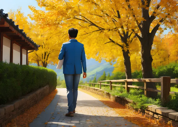 man walking along path in autum